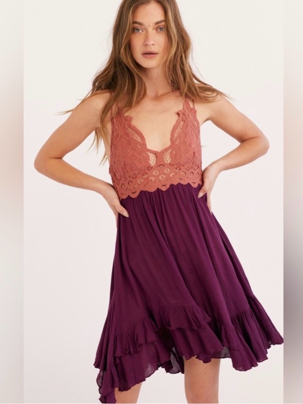 FREE PEOPLE "Adella" Mini Slip Dress With Lace Top, Rose-Pink/Purple, Size M